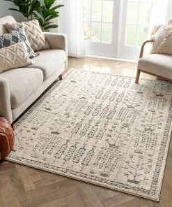 Well Woven Marina Tribal Geometric Pattern Beige Distressed High-Low Rug Global