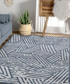 Well Woven Tukker Blue Tribal Modern Geometric Lines Rug Vintage
