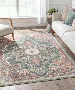 Well Woven Lyon Vintage Bohemian Medallion Oriental Botanical Green Red Rust Rug