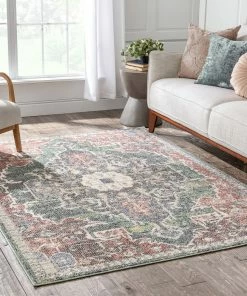 Well Woven Lyon Vintage Bohemian Medallion Oriental Botanical Green Red Rust Rug