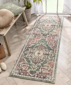 Well Woven Lyon Vintage Bohemian Medallion Oriental Botanical Green Red Rust Rug