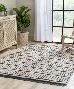 Well Woven Viho Tribal Geometric Stripes Ivory High-Low Textured Pile Rug Global