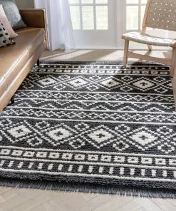 Well Woven Nokomis Tribal Diamond Lattice Pattern Grey High-Low Textured Pile Rug