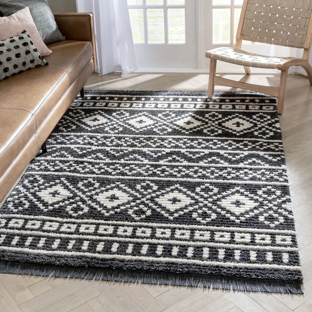Well Woven Nokomis Tribal Diamond Lattice Pattern Grey High-Low Textured Pile Rug 1 Well Woven Nokomis Tribal Diamond Lattice Pattern Grey High-Low Textured Pile Rug