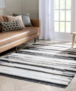 Well Woven Global Tiva Tribal Geometric Stripes Grey High-Low Textured Pile Rug