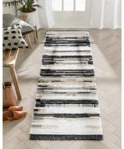 Well Woven Global Tiva Tribal Geometric Stripes Grey High-Low Textured Pile Rug