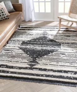 Well Woven Sakari Moroccan Diamond Medallion Pattern Grey High-Low Textured Pile Rug Global