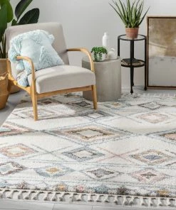 Well Woven Anahita Vintage Moroccan Diamond Ivory Shag Rug Global