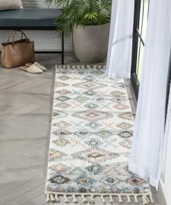 Well Woven Anahita Vintage Moroccan Diamond Ivory Shag Rug Global