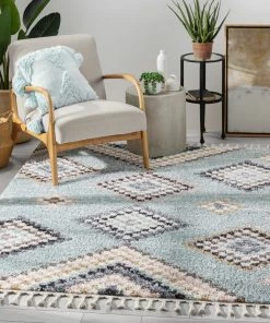 Well Woven Sedna Vintage Moroccan Diamond Light Blue Shag Rug