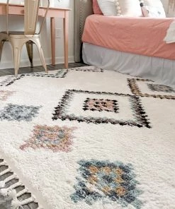 Well Woven Moselle Vintage Moroccan Diamond Ivory Shag Rug Global