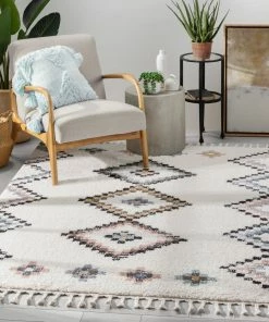 Well Woven Moselle Vintage Moroccan Diamond Ivory Shag Rug Global