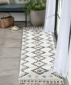 Well Woven Moselle Vintage Moroccan Diamond Ivory Shag Rug Global