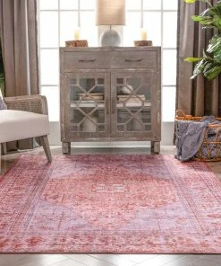 Well Woven Gila Machine Washable Vintage Bohemian Medallion Oriental Red Flat-Weave Distressed Rug Global