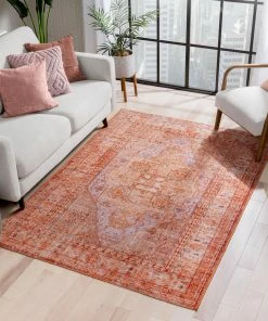 Well Woven Gila Machine Washable Vintage Bohemian Medallion Oriental Orange Flat-Weave Distressed Rug
