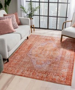Well Woven Gila Machine Washable Vintage Bohemian Medallion Oriental Orange Flat-Weave Distressed Rug