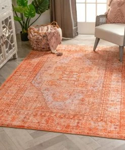 Well Woven Gila Machine Washable Vintage Bohemian Medallion Oriental Orange Flat-Weave Distressed Rug