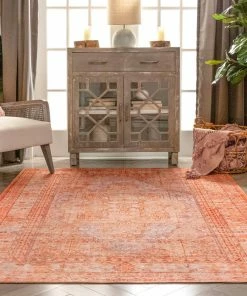 Well Woven Gila Machine Washable Vintage Bohemian Medallion Oriental Orange Flat-Weave Distressed Rug