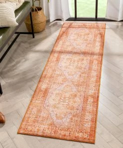 Well Woven Gila Machine Washable Vintage Bohemian Medallion Oriental Orange Flat-Weave Distressed Rug