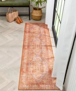 Well Woven Gila Machine Washable Vintage Bohemian Medallion Oriental Orange Flat-Weave Distressed Rug