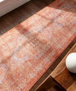 Well Woven Gila Machine Washable Vintage Bohemian Medallion Oriental Orange Flat-Weave Distressed Rug