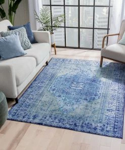 Well Woven Gila Machine Washable Vintage Bohemian Medallion Oriental Dark Blue Flat-Weave Distressed Rug