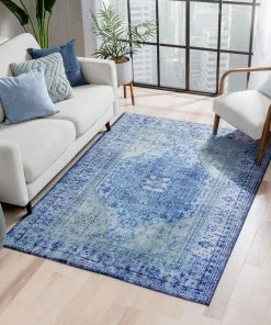 Well Woven Gila Machine Washable Vintage Bohemian Medallion Oriental Dark Blue Flat-Weave Distressed Rug