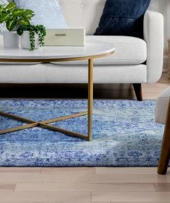 Well Woven Gila Machine Washable Vintage Bohemian Medallion Oriental Dark Blue Flat-Weave Distressed Rug