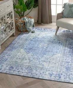 Well Woven Gila Machine Washable Vintage Bohemian Medallion Oriental Dark Blue Flat-Weave Distressed Rug