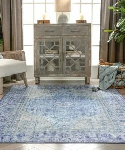 Well Woven Gila Machine Washable Vintage Bohemian Medallion Oriental Dark Blue Flat-Weave Distressed Rug