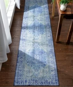 Well Woven Gila Machine Washable Vintage Bohemian Medallion Oriental Dark Blue Flat-Weave Distressed Rug