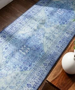 Well Woven Gila Machine Washable Vintage Bohemian Medallion Oriental Dark Blue Flat-Weave Distressed Rug