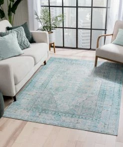 Well Woven Gila Machine Washable Vintage Bohemian Medallion Oriental Green Flat-Weave Distressed Rug Global