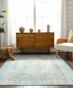Well Woven Gila Machine Washable Vintage Bohemian Medallion Oriental Green Flat-Weave Distressed Rug Global