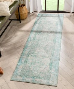 Well Woven Gila Machine Washable Vintage Bohemian Medallion Oriental Green Flat-Weave Distressed Rug Global