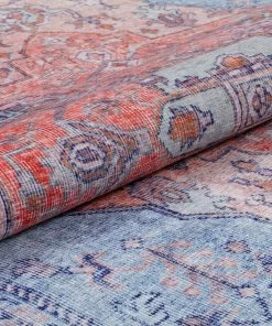 Well Woven Gila Machine Washable Vintage Bohemian Medallion Oriental Blue Red Flat-Weave Distressed Rug
