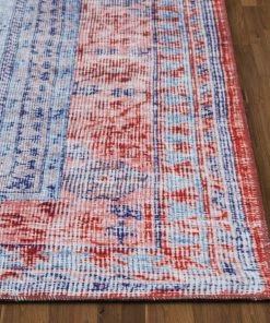 Well Woven Gila Machine Washable Vintage Bohemian Medallion Oriental Blue Red Flat-Weave Distressed Rug
