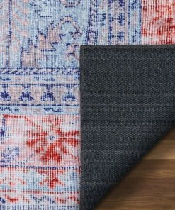 Well Woven Gila Machine Washable Vintage Bohemian Medallion Oriental Blue Red Flat-Weave Distressed Rug