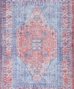 Well Woven Gila Machine Washable Vintage Bohemian Medallion Oriental Blue Red Flat-Weave Distressed Rug