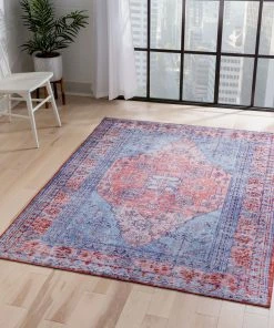 Well Woven Gila Machine Washable Vintage Bohemian Medallion Oriental Blue Red Flat-Weave Distressed Rug