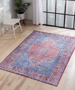 Well Woven Gila Machine Washable Vintage Bohemian Medallion Oriental Blue Red Flat-Weave Distressed Rug