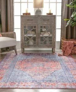 Well Woven Gila Machine Washable Vintage Bohemian Medallion Oriental Blue Red Flat-Weave Distressed Rug