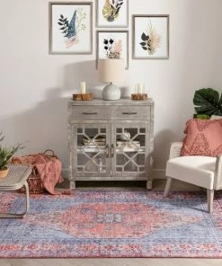 Well Woven Gila Machine Washable Vintage Bohemian Medallion Oriental Blue Red Flat-Weave Distressed Rug