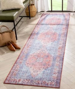 Well Woven Gila Machine Washable Vintage Bohemian Medallion Oriental Blue Red Flat-Weave Distressed Rug