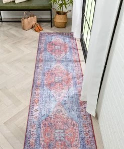 Well Woven Gila Machine Washable Vintage Bohemian Medallion Oriental Blue Red Flat-Weave Distressed Rug