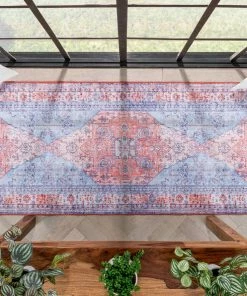 Well Woven Gila Machine Washable Vintage Bohemian Medallion Oriental Blue Red Flat-Weave Distressed Rug