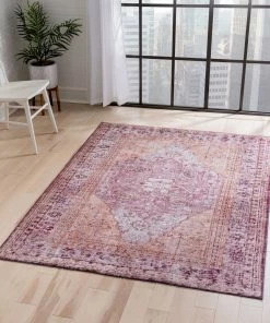 Well Woven Gila Machine Washable Vintage Bohemian Medallion Oriental Purple Flat-Weave Distressed Rug Global