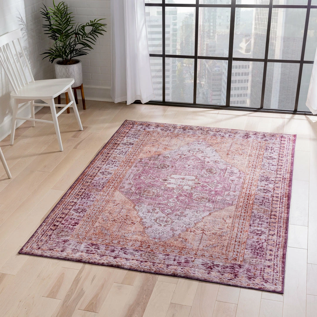 Well Woven Gila Machine Washable Vintage Bohemian Medallion Oriental Purple Flat-Weave Distressed Rug Global 2 Well Woven Gila Machine Washable Vintage Bohemian Medallion Oriental Purple Flat-Weave Distressed Rug Global