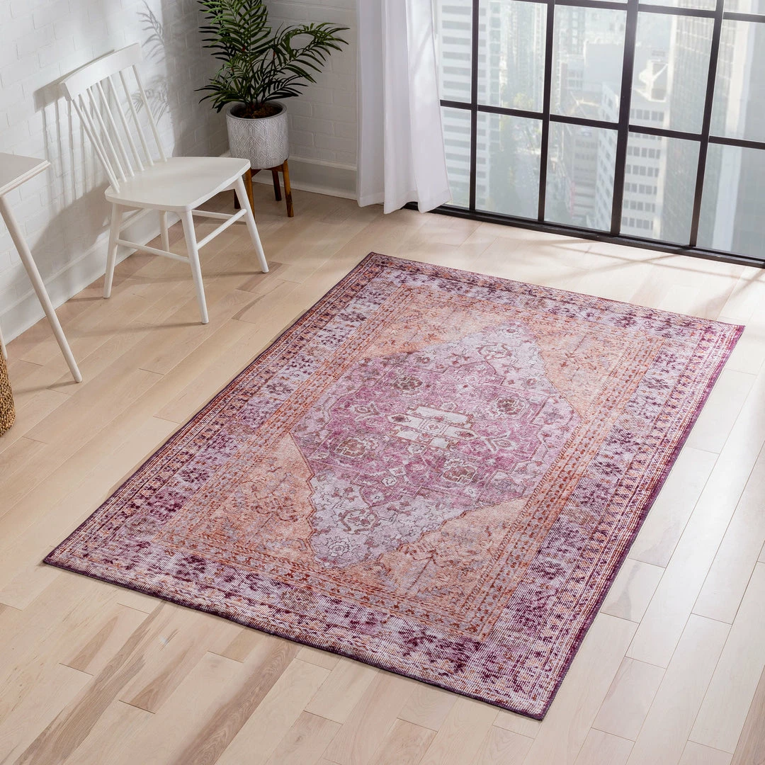 Well Woven Gila Machine Washable Vintage Bohemian Medallion Oriental Purple Flat-Weave Distressed Rug Global 4 Well Woven Gila Machine Washable Vintage Bohemian Medallion Oriental Purple Flat-Weave Distressed Rug Global