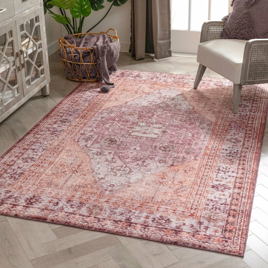 Well Woven Gila Machine Washable Vintage Bohemian Medallion Oriental Purple Flat-Weave Distressed Rug Global 11 Well Woven Gila Machine Washable Vintage Bohemian Medallion Oriental Purple Flat-Weave Distressed Rug Global